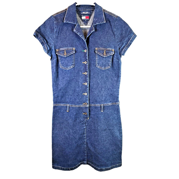 Vintage 90s Y2K Tommy Hilfiger Denim Blue Jean Snap Front Dress Women’s Size L - Picture 1 of 12